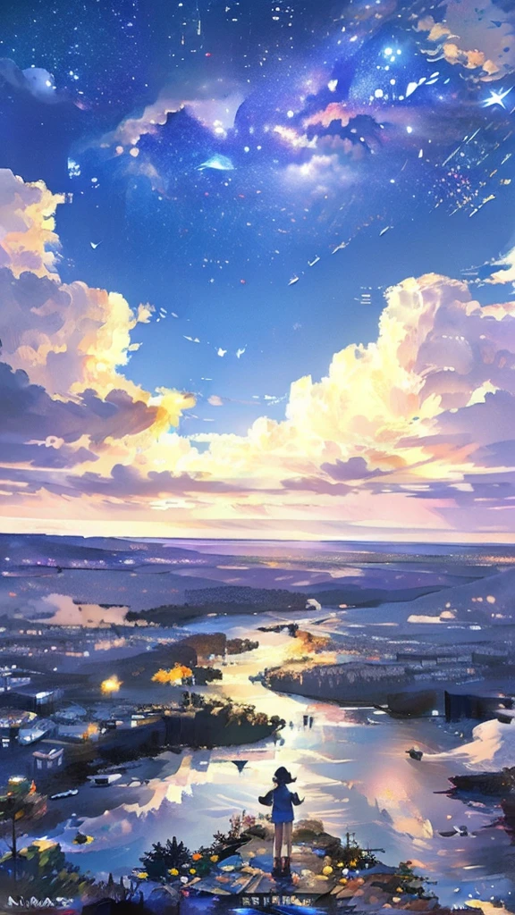 Masterpiece、Highest quality、Super detailed、A starry sky、milky way、Girl looking down at the cityscape