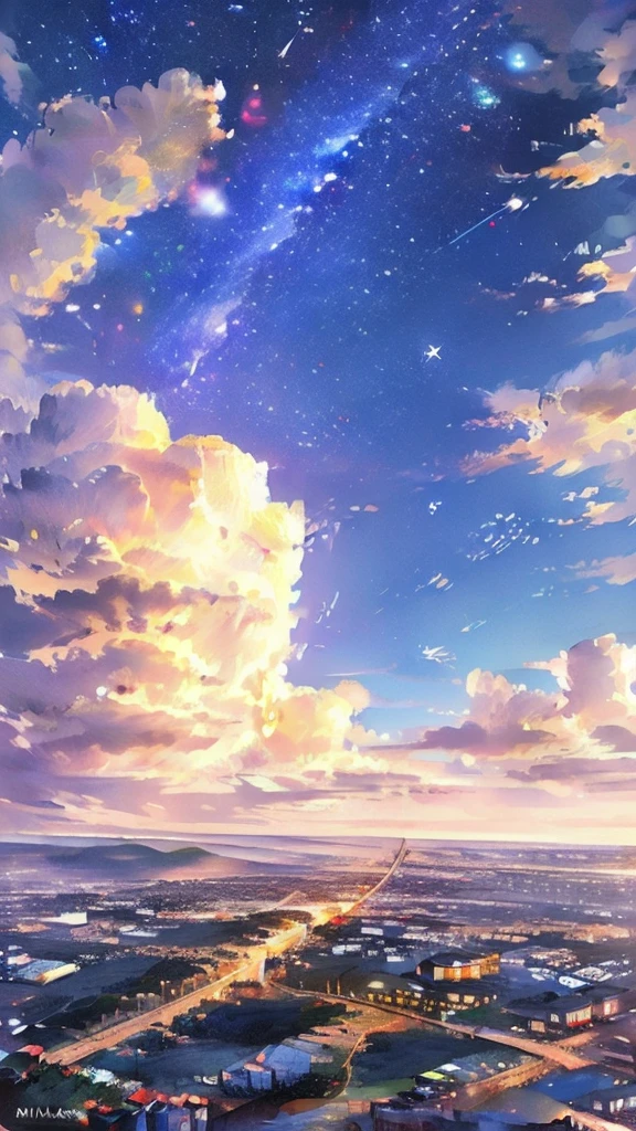 Masterpiece、Highest quality、Super detailed、A starry sky、milky way、Girl looking down at the cityscape