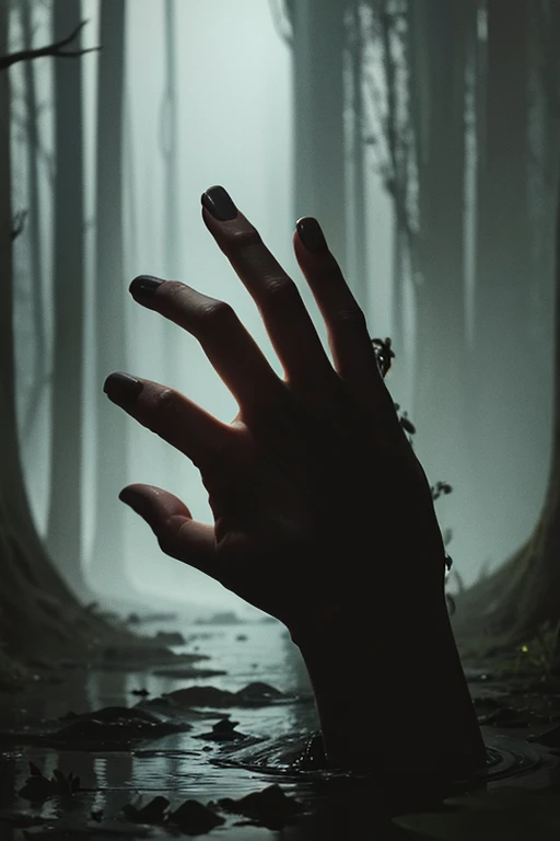 A hand reaching out from a dark swamp