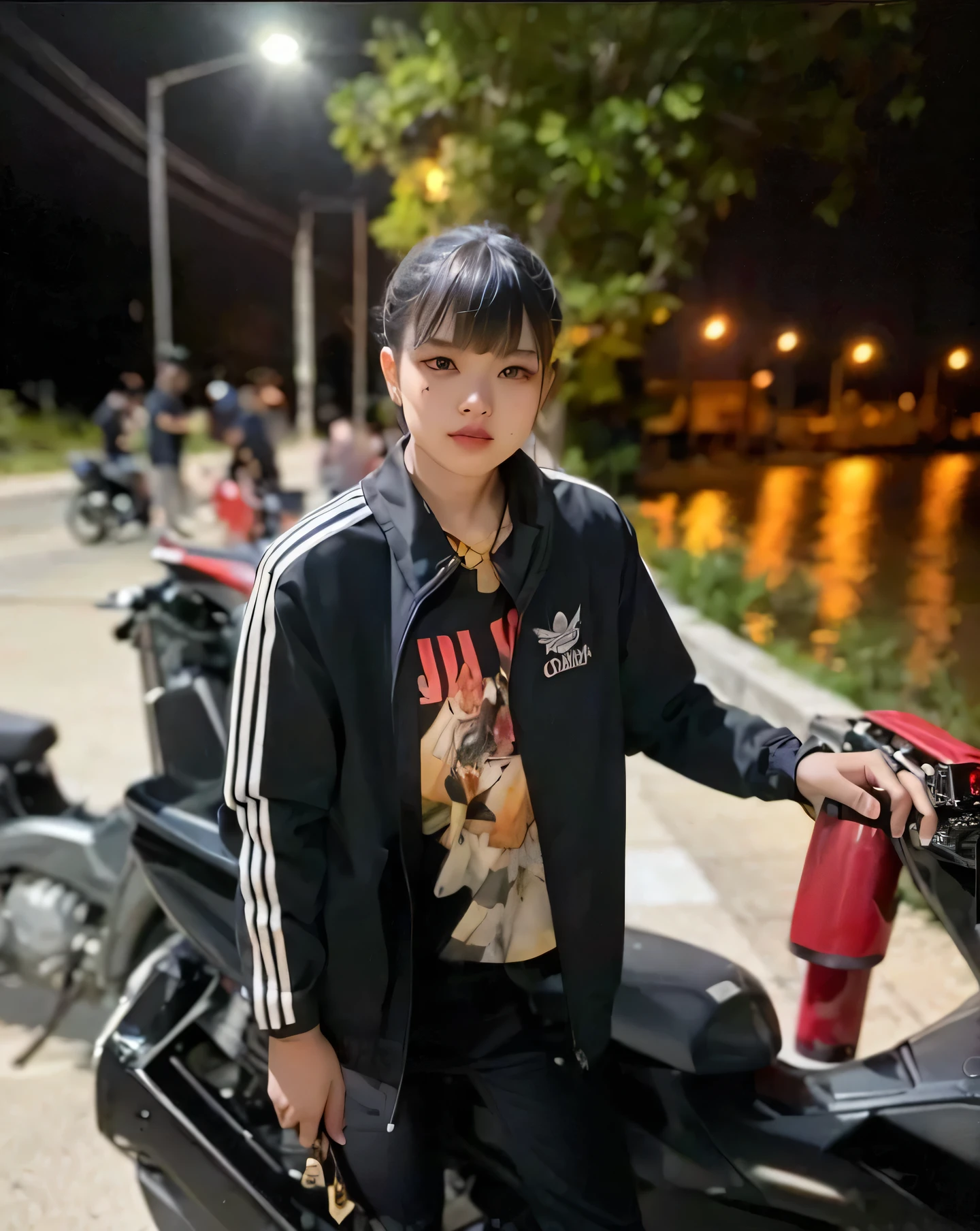 A powerful image captures a gorgeous Asian model in a contemporary Japanese designer outfit, standing tall amidst the ruins of a decaying metropolis in a post-apocalyptic futuristic setting. She wears a kimono-inspired jacket made of high-tech metallic fabric with digital patterns and glowing circuitry, paired with a sleek, form-fitting black bodysuit with luminescent lines. Her knee-high reinforced boots and utility belt add to her resourceful look. With an edgy bob haircut, metallic silver eyeshadow, and deep matte red lips, she exudes strength and determination. The scene's crumbling buildings, overgrown flora, and flickering neon signs create a visually stunning and thought-provoking backdrop.






