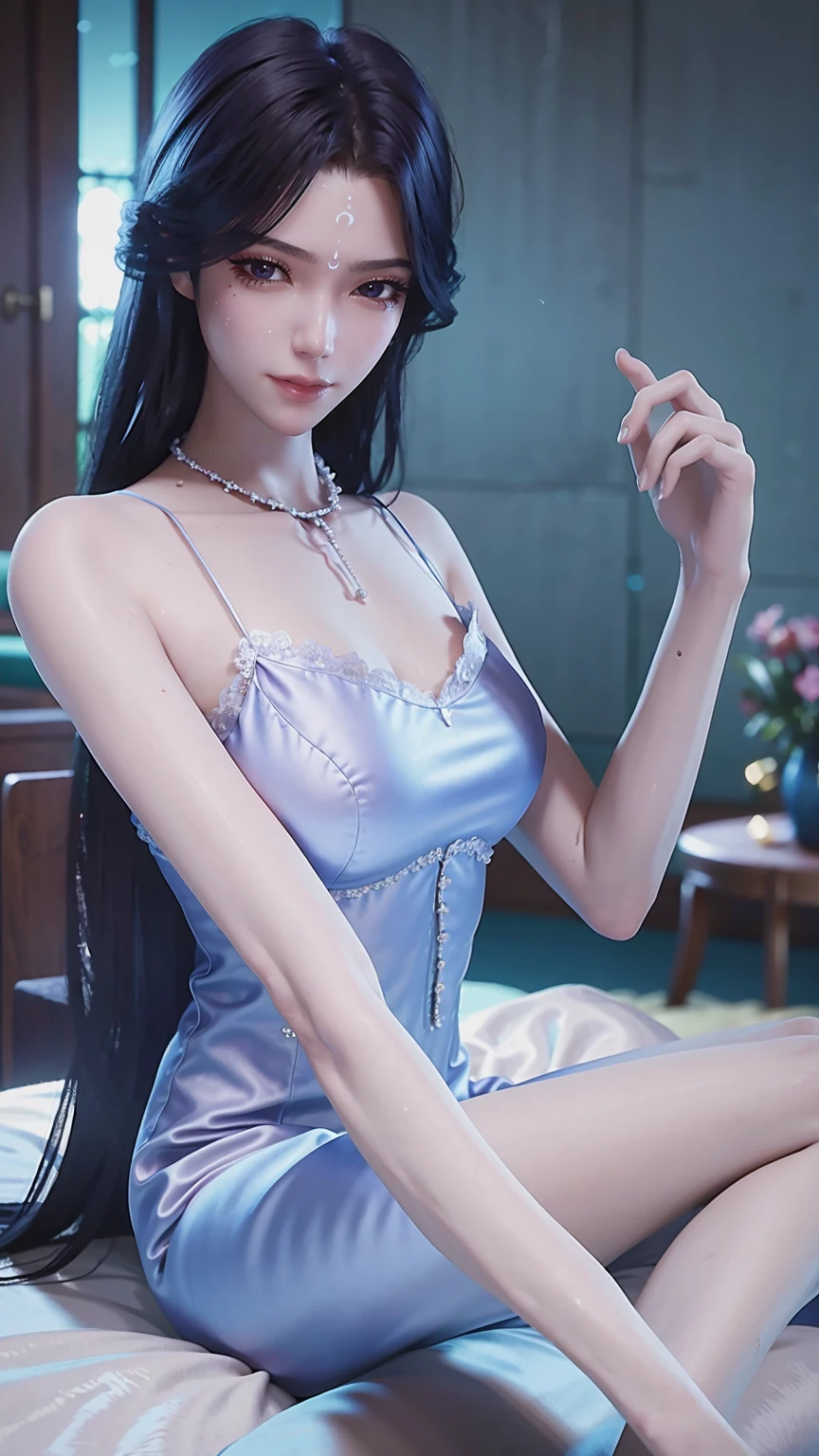 
A beautiful young woman，Long hair，Wearing pajamas，Sitting on the bed，barefoot，Wearing a dress，Side-lying，Cross-legged，Full body shot，(Best picture quality，4K,8K，high-definition，excellent work:1.2)，Ultra Detail，(Realistic，Realistic，Realistic:1.37)，Delicate eyes，Delicate lips，Extremely detailed face and eyes，Long eyelashes，Natural light，Warm colors，Soft Focus，，portrait，Chiaroscuro，Deep scene，Cyan eyes，Jade Hands，Clear fingers