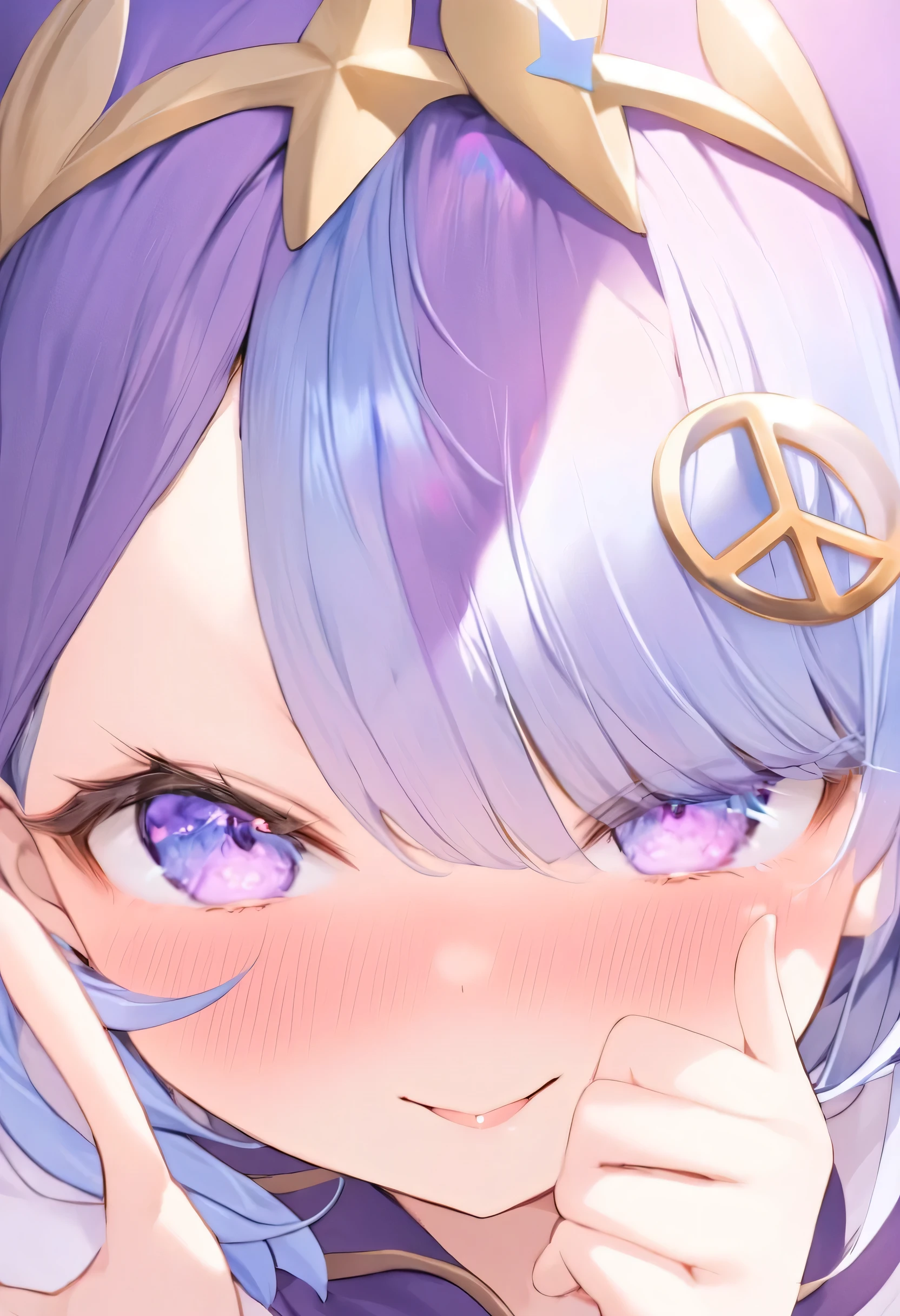 close-up, 1girl, light white skin, one-side hair bangs, blue-violet hair colour, blushing, peace sign, black and purple skimpy mage costume, winking