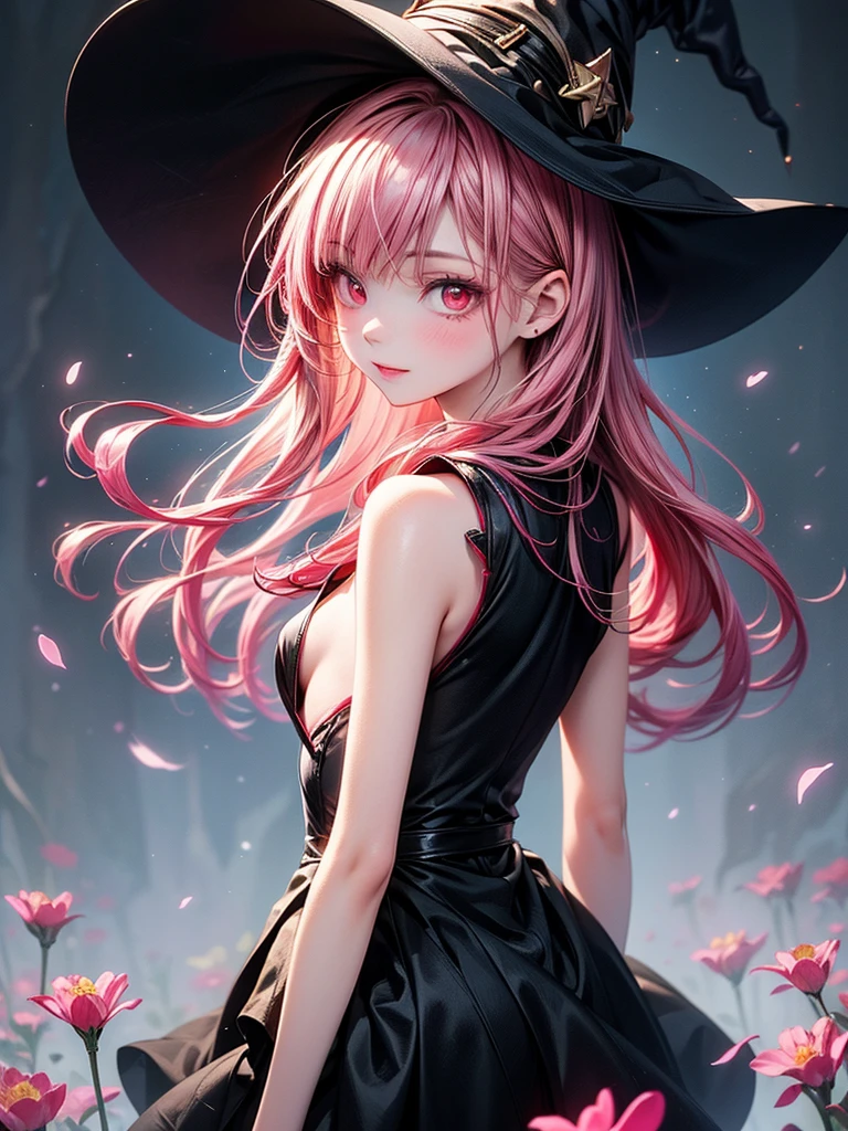 (masterpiece),((highest quality)),(Perfect Anatomy),((arms behind side)),(1 girl in witch hat:1.2), Magical girl,magical girl clothes, pink hair, Beautiful and exquisite red eyes, pale skin, Slender, like a dream and happiness atmosphere, High Fantasy,dreamy digital painting, magical colors and atmosphere,soft lighting, fantasy art,small breasts,sideways glance,wonderful spring flower mood