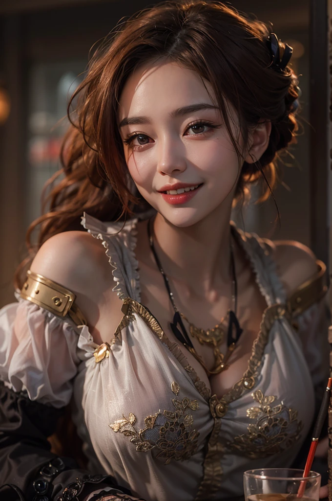 (masterpiece:1.3), (8K, Realistic, RAW Photos, Best image quality: 1.4)、28 years old,(Random Hairstyles:1.2)、Cleavage:1.2、Highly detailed face、Attention to detail、double eyelid、Chest to chest、Sharp focus:1.2、Beautiful woman:1.4、red hair、Highest quality、masterpiece、Ultra-high resolution、(Realistic:1.4)、Highly detailed and professionally lit smiles、Loose fitting steampunk outfit、Shoulder out、thin、Serious expression、smopking long cigarette in a dark bar