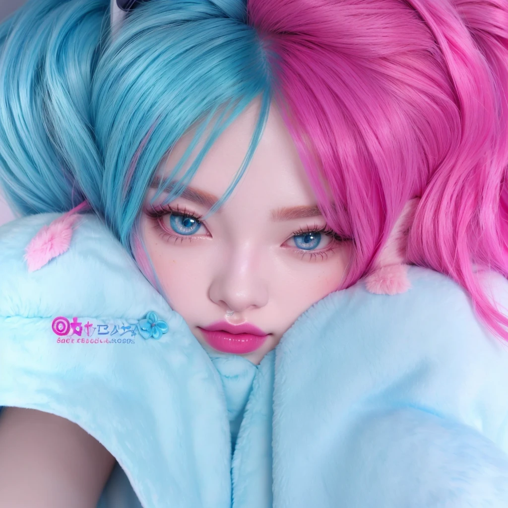 Ulzzang with pink hair and blue eyes and a blue furr jacket. Doll face, cute, adorable. realistic