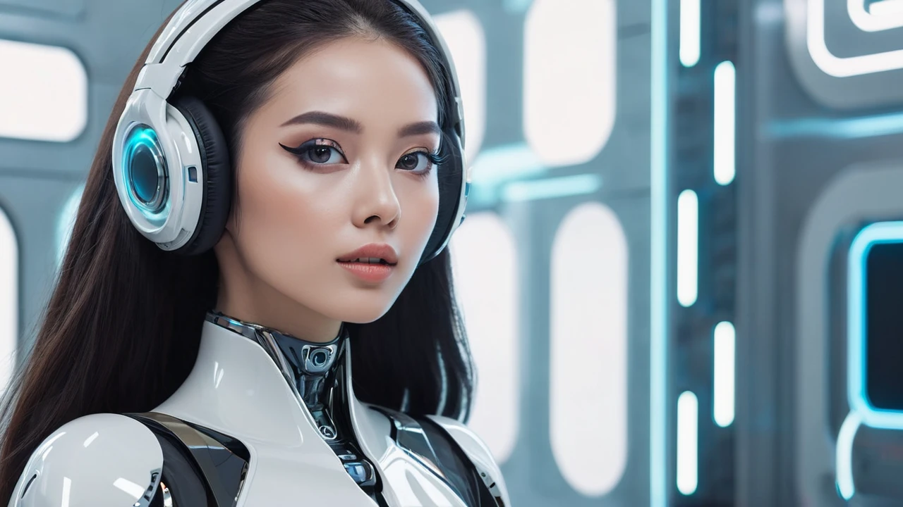 "A futuristic female cyborg with a beautiful, friendly face, designed for a lo-fi music YouTube channel background. She has long hair, large eyes, a high nose, and a wide mouth. Her proportions are perfect, highlighting her sleek and elegant design. The cyborg is engaging in various gestures, exuding warmth and relatability. The background features a futuristic setting that complements her advanced technology. The overall atmosphere is calm and inviting, ideal for a lo-fi music channel."
