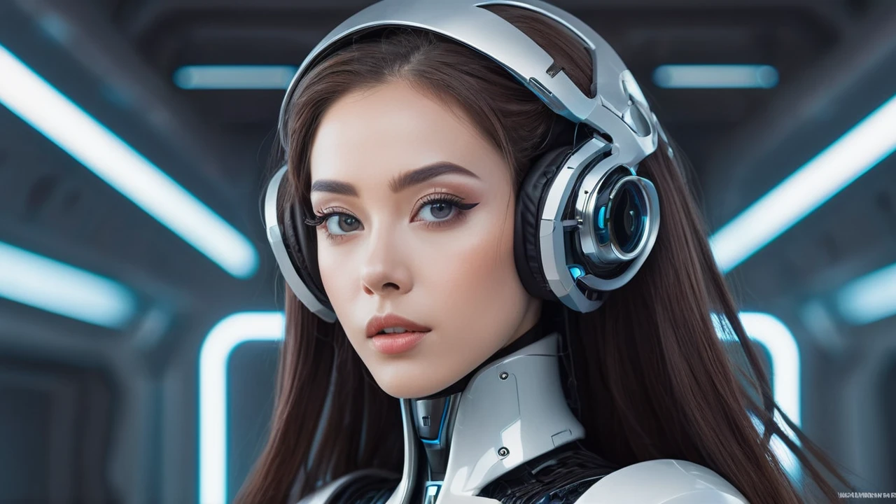 "A futuristic female cyborg with a beautiful, friendly face, designed for a lo-fi music YouTube channel background. She has long hair, large eyes, a high nose, and a wide mouth. Her proportions are perfect, highlighting her sleek and elegant design. The cyborg is engaging in various gestures, exuding warmth and relatability. The background features a futuristic setting that complements her advanced technology. The overall atmosphere is calm and inviting, ideal for a lo-fi music channel."