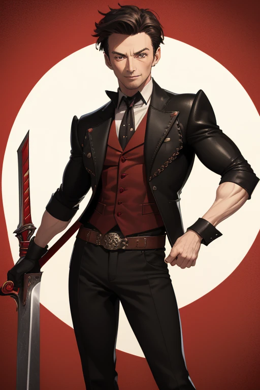 Hugh Jackman from Wolwerine 40 years old Black vampire short hair red vintage vest with black pointed ears red eyes black pants Stempunk Steampunk clothing black vintage decorations Steampunk holding a blood sword looking directly at the viewer red background