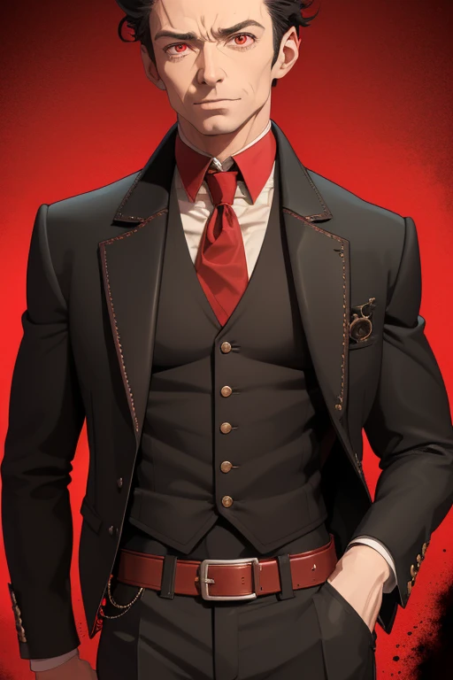 Hugh Jackman from Wolwerine 40 years old Black vampire short hair red vintage vest with black pointed ears red eyes black pants Stempunk Steampunk clothing black vintage decorations Steampunk holding a blood sword looking directly at the viewer red background
