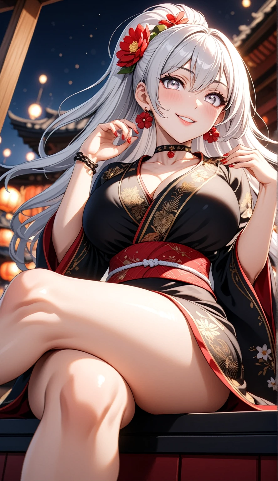 ((One personの女性)), Beautiful Face, (Laughing embarrassedly), (naughty face:1.1),((Wink:1.7)), (head tilt:1.3), teeth,Laugh with your mouth wide open,((Bright red cheeks:1.4)), Glossy red lips, ((crossed legs:1.4)), (panty shot), (Shining Face), Touching hair with hands,looking at viewer, Rooftop terrace, firework,Lighting on the face, ((Anime style background)),masterpiece, Highest quality, so beautiful,up to date, Complex details, (Pink long nails),(ring),(bracelet),(Floral choker),AI-generated, Complex,High resolution, Highest quality, super high quality,3D Images、3D Images,One person,Long white hair,High Ponytail, Anime woman posing for a photo,(blue eyes), ((Fine grain、Silvery white eyes、Shining Eyes:1.4)), (Squint your eyes:1.1),a hyperRealistic , hyperRealistic , Realistic,Anime woman with long white hair, Smooth anime CG art, A woman in a colorful kimono with gold embroidery, (Black long sleeve kimono),Red floral pattern,Long flower hair ornament,Earrings,Mature Body,(Big Breasts:1.1),Tall,Abdominal muscles,Tight waist,(Zoom in on face:1.2), (from below),