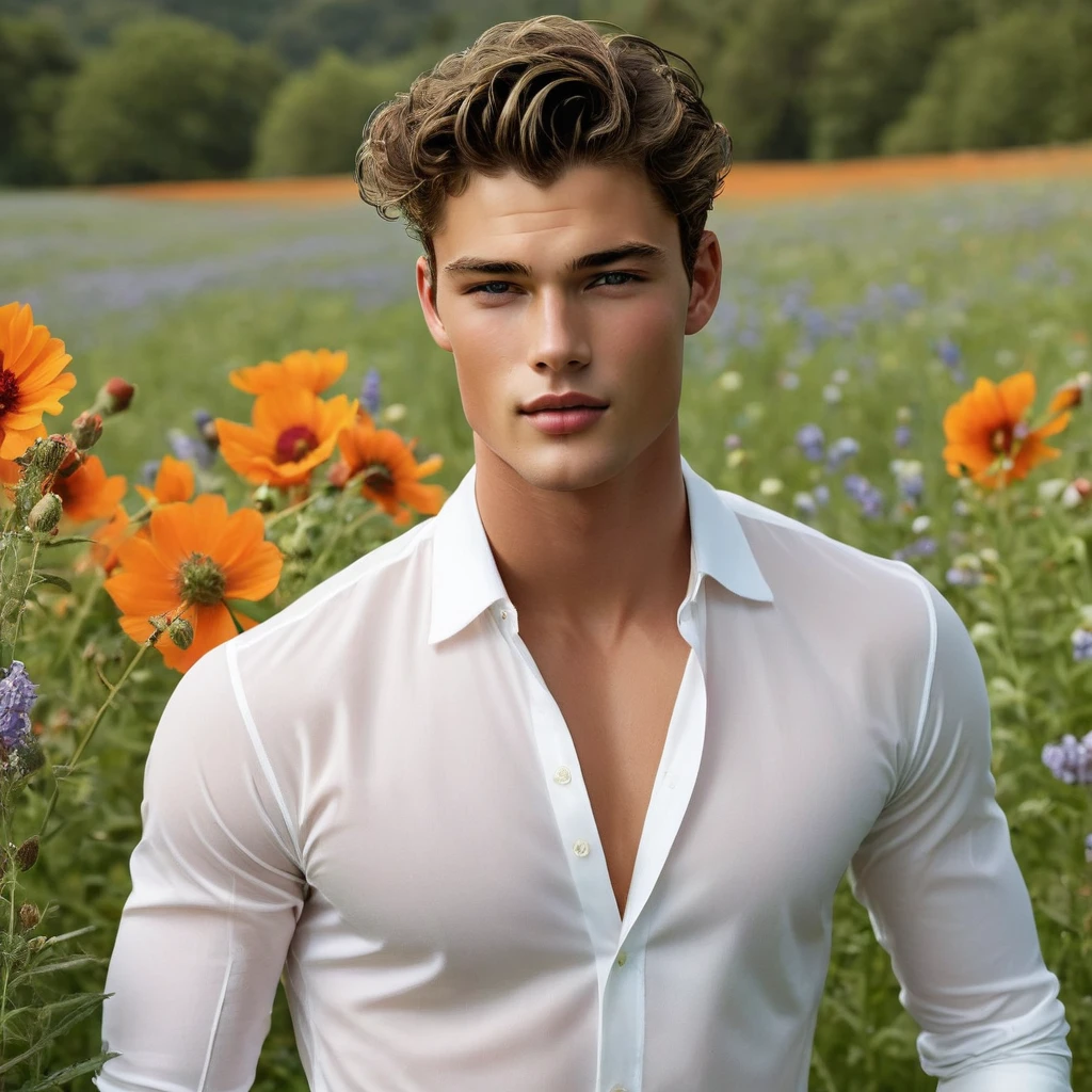 Behold a fashion editorial photo shoot featuring a photogenic and charming 23-year-old male supermodel, reminiscent of a mix between Sean O’Pry and Lucky Blue Smith. With his prince-like eyes, sweet smile, and an angelic face adorned with natural blemishes and freckles, he boasts short curly hair, a symmetric face, and a natural pale skin tone that embodies youthfulness and athleticism. Exuding a unique allure with his exotic features, he stands in a meadow adorned with wild colorful flowers, wearing white sheer underwear with a semi-hard bulge, the focus subtly directed towards it. Against the backdrop of vibrant greenery, he is captured in a full-body pose with a dynamic angle, emphasizing his captivating presence and the intricate details of the surroundings. 

The photograph is taken with a Canon EOS R camera using an 85mm f/1.8 lens at an f/2.2 aperture, utilizing natural light. Employing three-point lighting and incorporating 3D animation shadows enhances his features and adds depth to the composition. The careful layering and arrangement of his body parts and surrounding objects ensure a flawless composition. This masterpiece celebrates the beauty of the male form and invites viewers to immerse themselves in a world of sophistication and charm. The seductive lighting and intricate details, combined with a dramatic composition, invite viewers to revel in the essence of a fun-filled day, brimming with joy and relaxation. Attention is meticulously paid to the layers and arrangement of his body parts and surrounding objects, ensuring correct body structure and photo distance. The romantic atmosphere, paired with a lively and extremely gorgeous background, enhances the overall allure of this exquisite image.