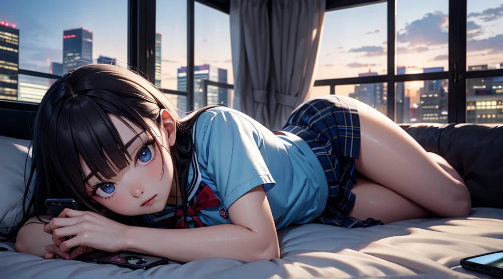 Highest quality(8k)masterpiece、Time: Night(1.8)He is lying on the bed by the window and talking on his cell phone.(1.8)Clothing is high school uniform(1.8)The night view can be seen from the window(1.8)、A room in a high-rise apartment with very large windows(1.8)It's dim in the room.(1.8)、One girl、Very cute、Best Style、Hairstyle(long(1.8))The room is a high school girl's room(1.8)、There are no curtains、17age、Firm and refreshing々Fresh skin。Plump legs、eye(Super detailed 1.8)Stretch your legs right away