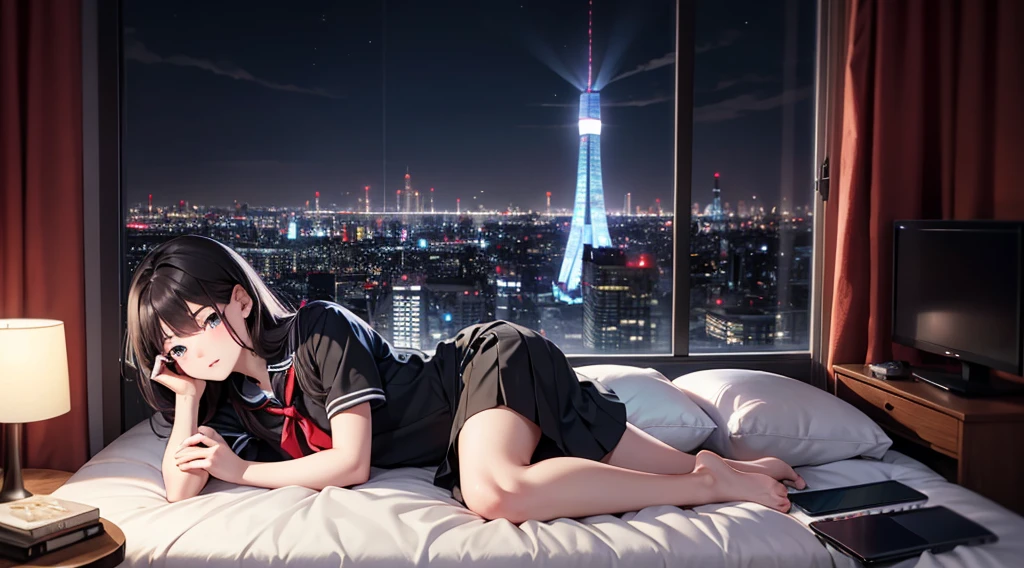 Highest quality(8k)masterpiece、Time: Night(1.8)He is lying on the bed by the window and talking on his cell phone.(1.8)Clothing is high school uniform(1.8)The night view can be seen from the window(1.8)、A room in a high-rise apartment with very large windows(1.8)It's dim in the room.(1.8)、One girl、Very cute、Best Style、Hairstyle(long(1.8))The room is a high school girl's room(1.8)、There are no curtains、17age、Firm and refreshing々Fresh skin。Plump legs、eye(Super detailed 1.8)Stretch your legs right away