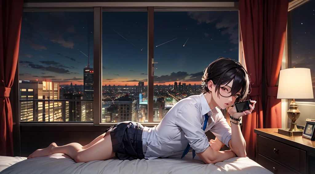 Highest quality(8k)masterpiece、Time: Night(1.8)He is lying on the bed by the window and talking on his cell phone.(1.8)Clothing is high school uniform(1.8)The night view can be seen from the window(1.8)、A room in a high-rise apartment with very large windows(1.8)It's dim in the room.(1.8)、One girl、Very cute、Best Style、Hairstyle(long(1.8))The room is a high school girl's room(1.8)、There are no curtains、17age、Firm and refreshing々Fresh skin。Plump legs、eye(Super detailed 1.8)Stretch your legs right away