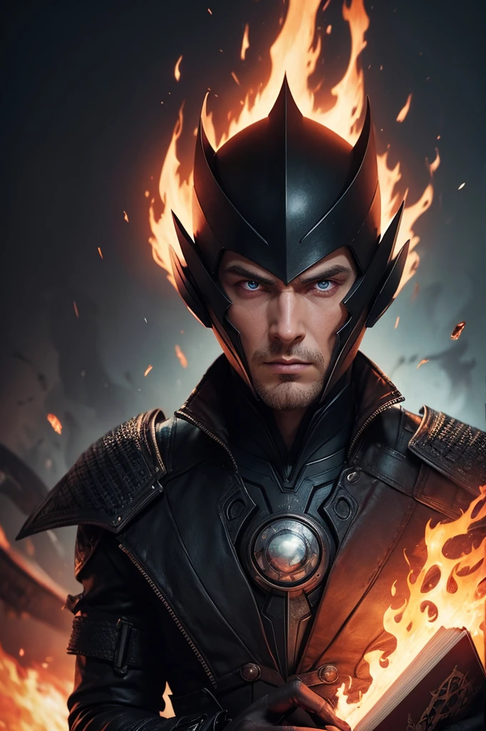 A book cover where a villain stares at his beloved for the last few seconds and everything around him is on fire