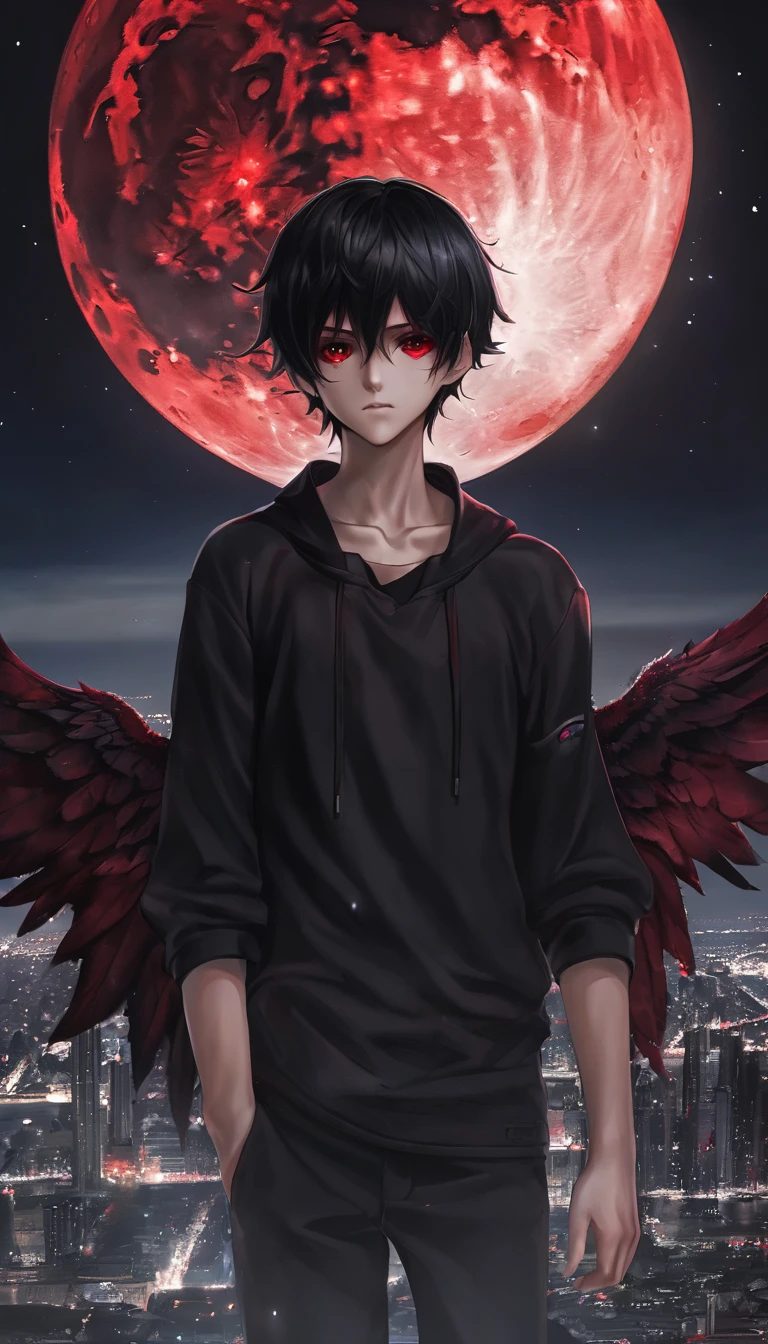 a boy of 15 years old, black clothes with red markings, black hair, scarlet eyes full of hatred, dark aura, highly detailed, full moon night, empty city, looking at the viewer, floating eyes with blood-red wings, (best quality,4k,8k,highres,masterpiece:1.2),ultra-detailed,(realistic,photorealistic,photo-realistic:1.37),anime illustration,male body