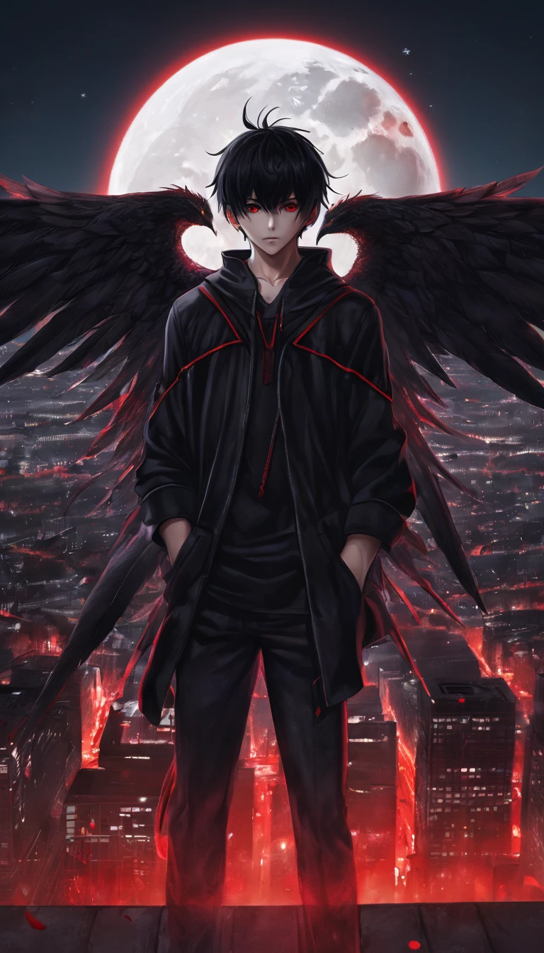 a boy of 15 years old, black clothes with red markings, black hair, scarlet eyes full of hatred, dark aura, highly detailed, full moon night, empty city, looking at the viewer, floating eyes with blood-red wings, (best quality,4k,8k,highres,masterpiece:1.2),ultra-detailed,(realistic,photorealistic,photo-realistic:1.37),anime illustration,male body