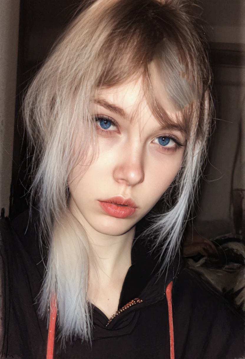 Blonde woman with blue eyes wearing black hoodie posing for camera, White bangs, Light hair, Very light blonde, White border, hair White border hair, Anna Nikonova aka Newmilky, White bangs, girl silver hair, White hair girl, Fair skin!!, Long white hair and bangs, Eva Elf, Pale shiny skin