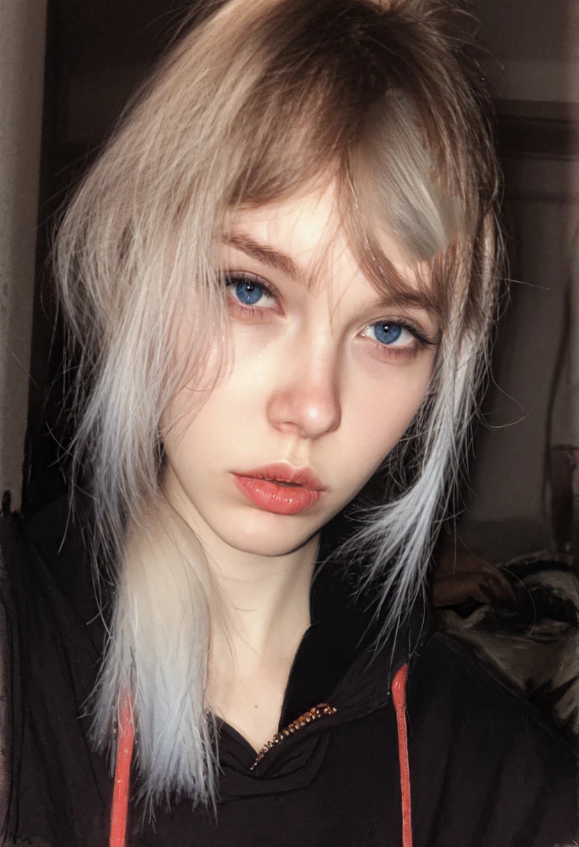 Blonde woman with blue eyes wearing black hoodie posing for camera, White bangs, Light hair, Very light blonde, White border, hair White border hair, Anna Nikonova aka Newmilky, White bangs, girl silver hair, White hair girl, Fair skin!!, Long white hair and bangs, Eva Elf, Pale shiny skin