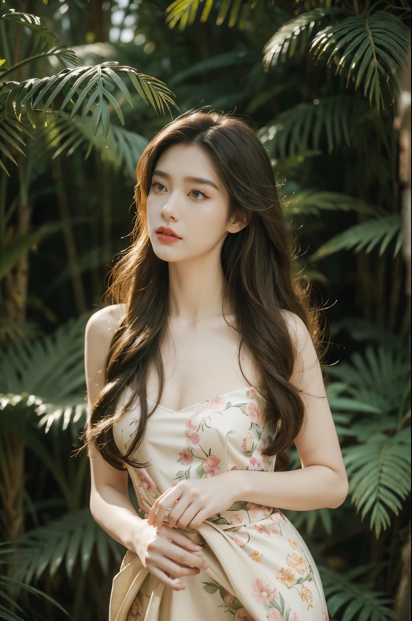 (((best quality))),(((ultra detailed))),(((masterpiece))),illustration,1girl,solo,enchanting beauty, elegance, confidence,shoulder length straight hair,slim,thin,flat chest,small breasts,standing,vibrant red lipstick, sleek forest green dress, above knees, s intricate floral patterns, stylish boots, calf-high, adventure, lush prehistoric forest, Jurassic Park, (vibrant pink dinosaur:1.2), pastel scales, tall proud, long neck, massive rounded body, majestic presence, powerful legs, gentle intelligent eyes, unforgettable bond, towering ferns, lush undergrowth, captivating backdrop, vines, towering trees, delicate flowers, sweet scent, gentle rustling, soft melodic breeze, mystical, adventure, wonder, extraordinary encounter, timeless journey, etched in time, extraordinary encounters, unknown,((from front,upper body))