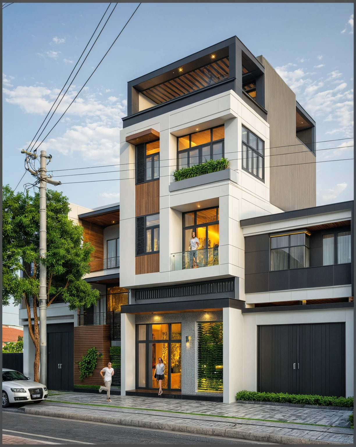 modern villa on street, (overcast lighting:1.2), tropical tree, vivid color, streetcapes, nice sky, grey and wwhite tone, (large glass door:1.2), warm interior lighting, modern material, best quality, ultra realistic, masterpiece, 17ArchiAI_XL_VL-v1
