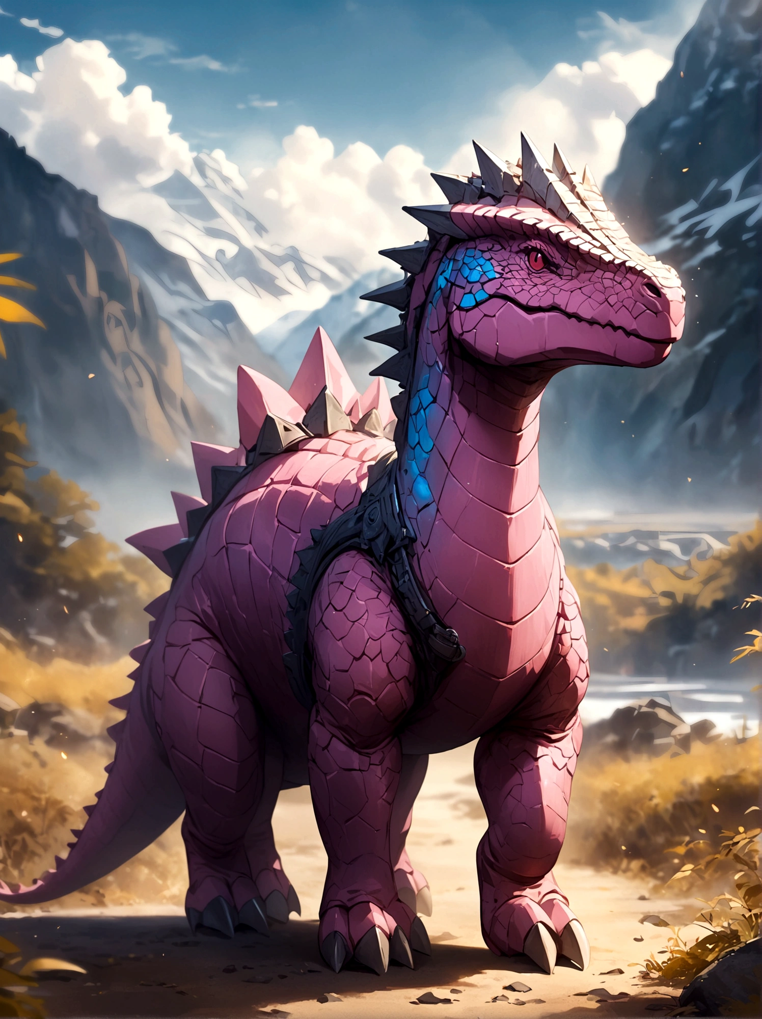 solo, full body, outdoors, blurry, no humans,Pink dinosaur,