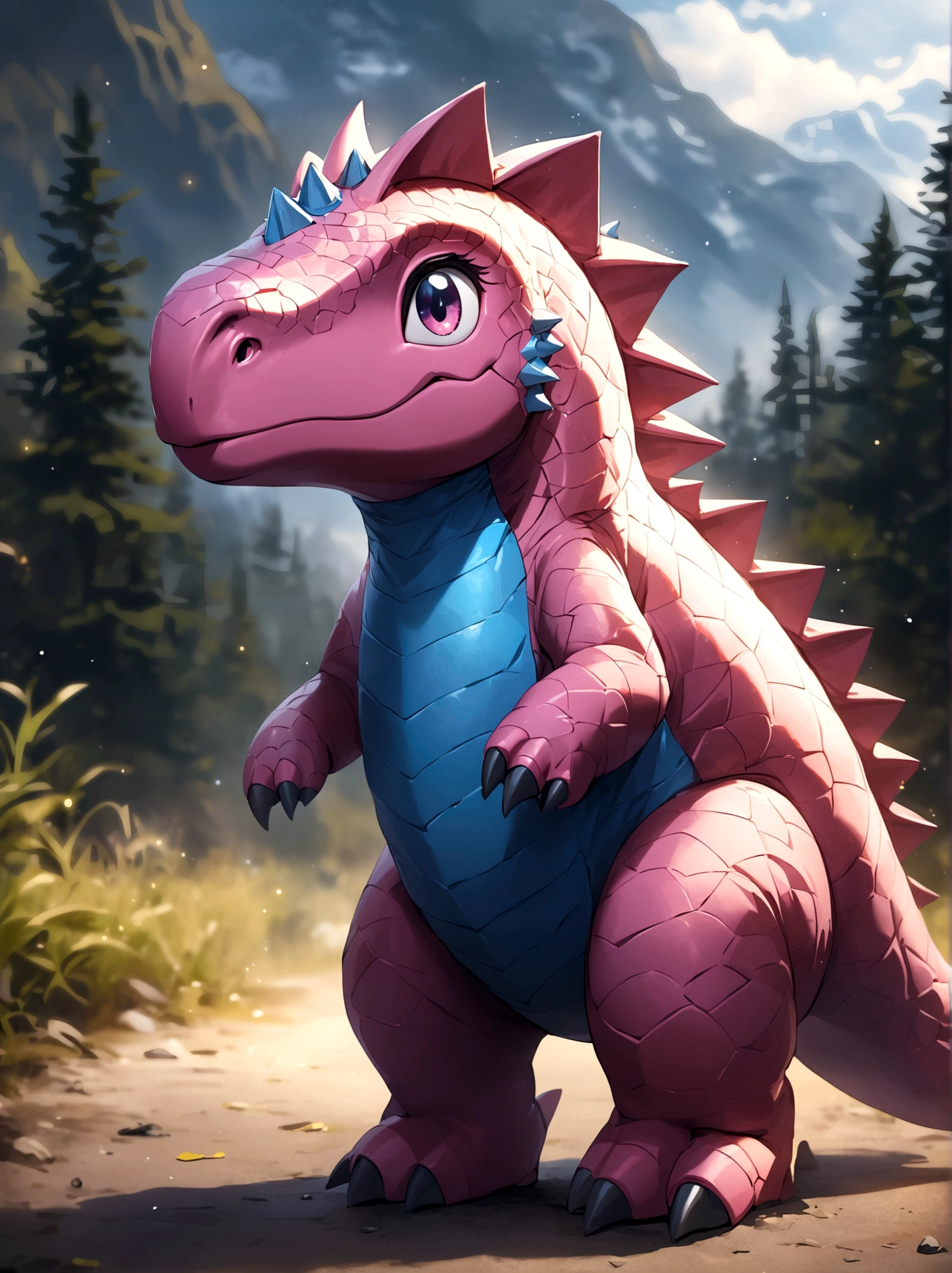 solo, full body, outdoors, blurry, no humans,Pink dinosaur,
