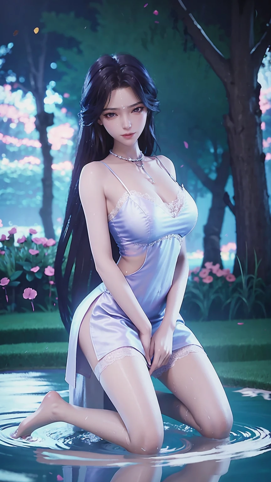 best quality,masterpiece,The Ultimate Solution,Fluffy,Extremely colorful,Mature beautiful woman,(Dress school uniform),Lace skirt,(Beautiful woman beheaded),Normal posture,(Kneeling),Kneeling on the bed,shackles,Beheading,collar,White stockings ,barefoot,Normal posture,Wet all over,Water Magic,Wet