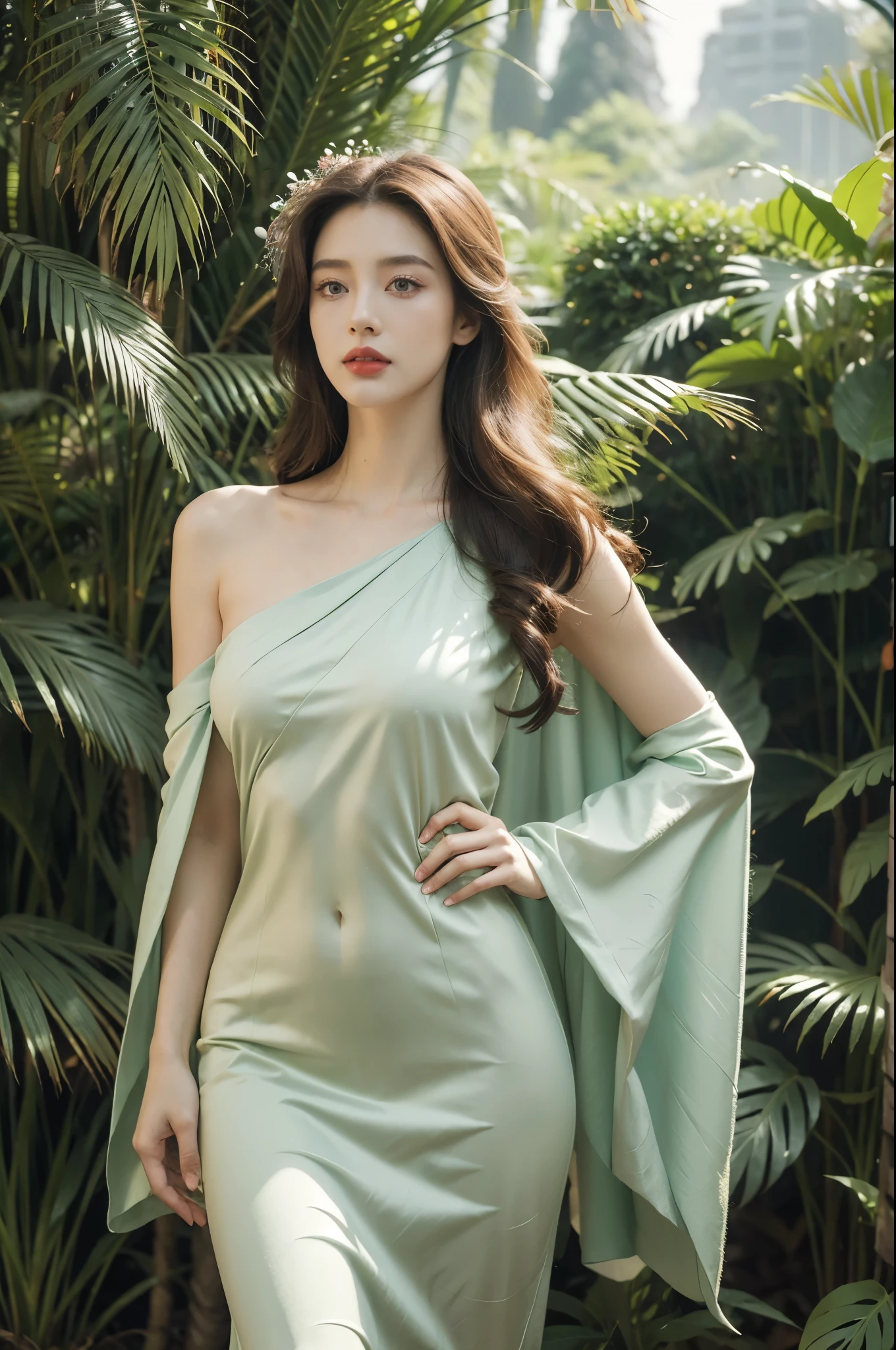 (((best quality))),(((ultra detailed))),(((masterpiece))),illustration,1girl,solo,enchanting beauty, elegance, confidence,shoulder length straight hair,slim,thin,flat chest,small breasts,standing,vibrant red lipstick, sleek forest green dress, above knees, s intricate floral patterns, stylish boots, calf-high, adventure, lush prehistoric forest, Jurassic Park, (vibrant pink dinosaur:1.2), pastel scales, tall proud, long neck, massive rounded body, majestic presence, powerful legs, gentle intelligent eyes, unforgettable bond, towering ferns, lush undergrowth, captivating backdrop, vines, towering trees, delicate flowers, sweet scent, gentle rustling, soft melodic breeze, mystical, adventure, wonder, extraordinary encounter, timeless journey, etched in time, extraordinary encounters, unknown,((from front,upper body))