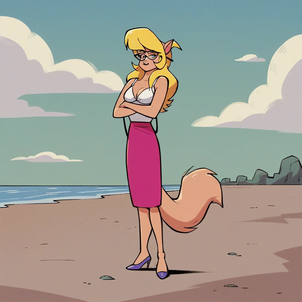 score_9, score_8_up, score_7_up, score_6_up, score_5_up, score_4_up, (Source furry), (rating nsfw), 1girl solo, outdoors, beachfront, looking at viewer, glasses, callie briggs, detailed, front view, standing, full view, legs, purple heels, hula dance, thicc, grass hula skirt, beach, blonde hair, wardrobe malfunction, vagina, panties fallen down, white bra, hands covering vagina, ashamed,