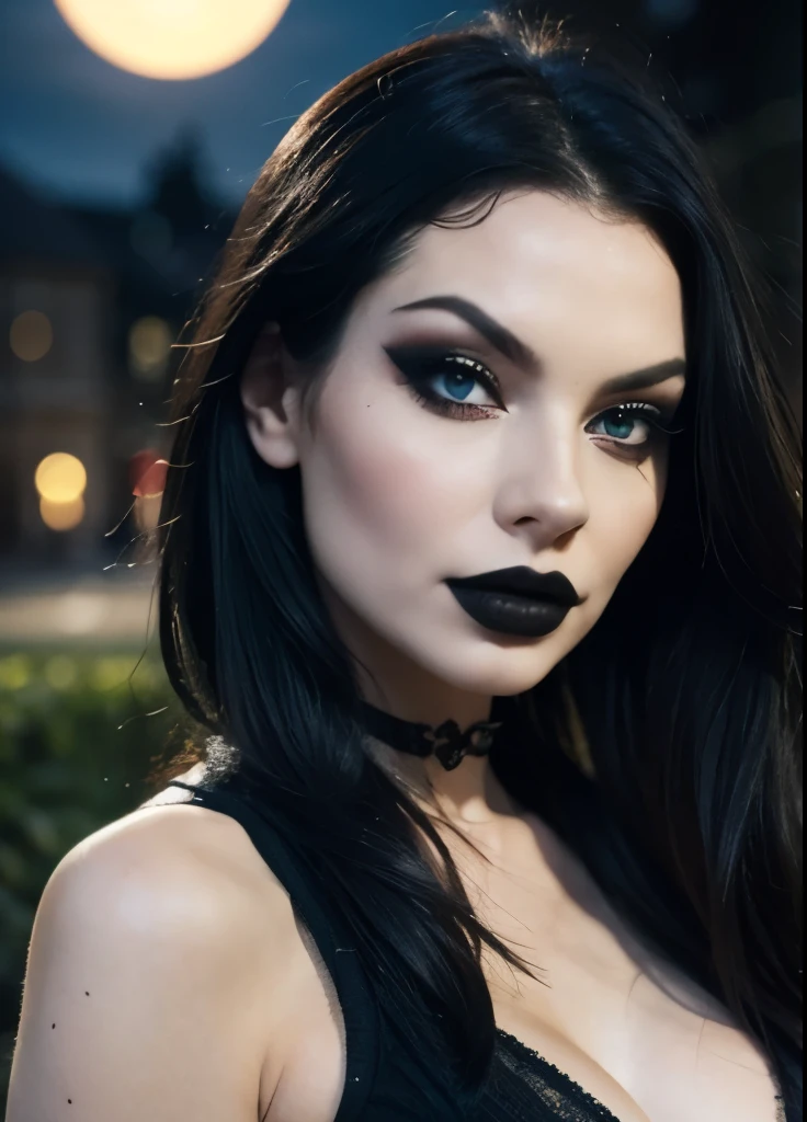 (masterpiece,detailed,highres:1.4) , model shot, close up, detailed face, fine detailed eyes, The most beautiful gothic girl in the world, ((long black hair with fringe, goth makeup)), ((hot Body)), form fitting clothing, pantyhose, ((dark cemitery background, night, under The moonlight)), gothic theme, gothic clothing, natural lighting. UHD, accurate, textured skin, super detail, high details, high quality, highres, 1080P, 4K