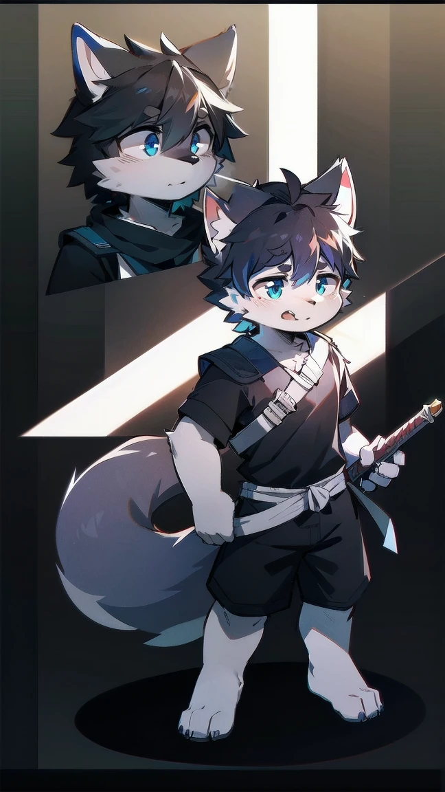 White Wolf,black hair,Sky blue eyes,hairy,Wolf ears,Wolf tail,Full body portrait,The character is in the center of the frame,Handsome,Confident eye***but,juvenile,Black and white combat uniform,Red neck bib,Black shorts,Short sleeve,hairy arms and legs,Dark background,Dark battlefield,dawn,sunrise,dawn,illumination,shadow,Swordsman,Scabbard and Hold the hilt of a in your hand,The scabbard is at the waist,Highest quality,A tall stature
