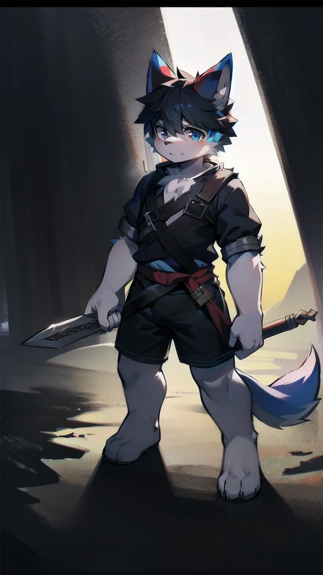 White Wolf,black hair,Sky blue eyes,hairy,Wolf ears,Wolf tail,Full body portrait,The character is in the center of the frame,Handsome,Confident eye***but,juvenile,Black and white combat uniform,Red neck bib,Black shorts,Short sleeve,hairy arms and legs,Dark background,Dark battlefield,dawn,sunrise,dawn,illumination,shadow,Swordsman,Scabbard and Hold the hilt of a in your hand,The scabbard is at the waist,Highest quality,A tall stature