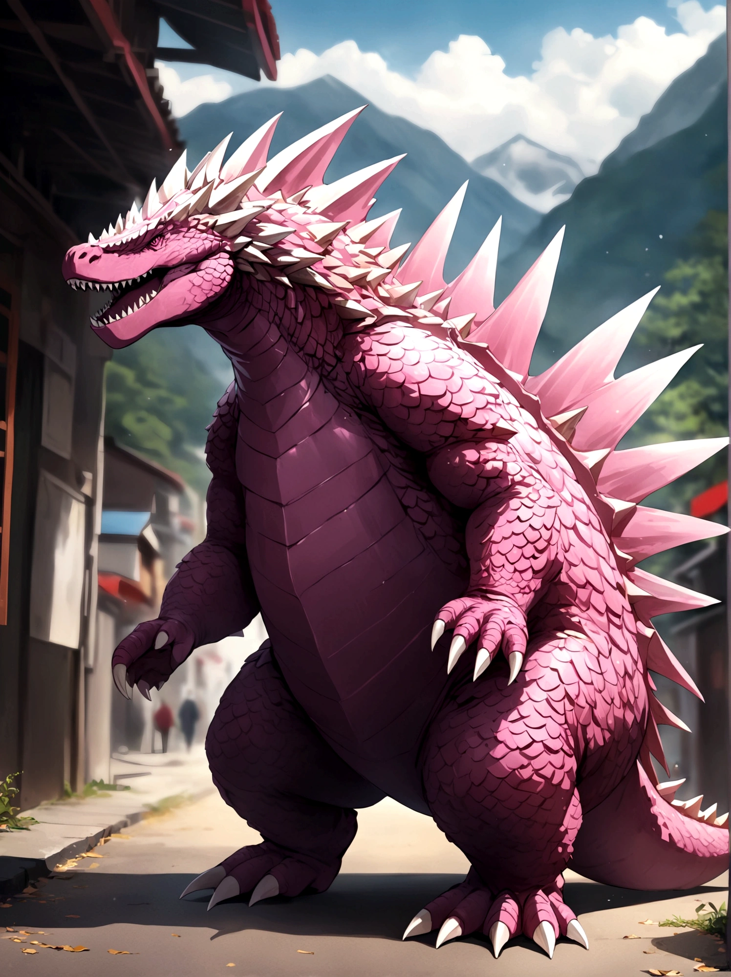 solo, full body, outdoors, blurry, no humans,pink godzilla