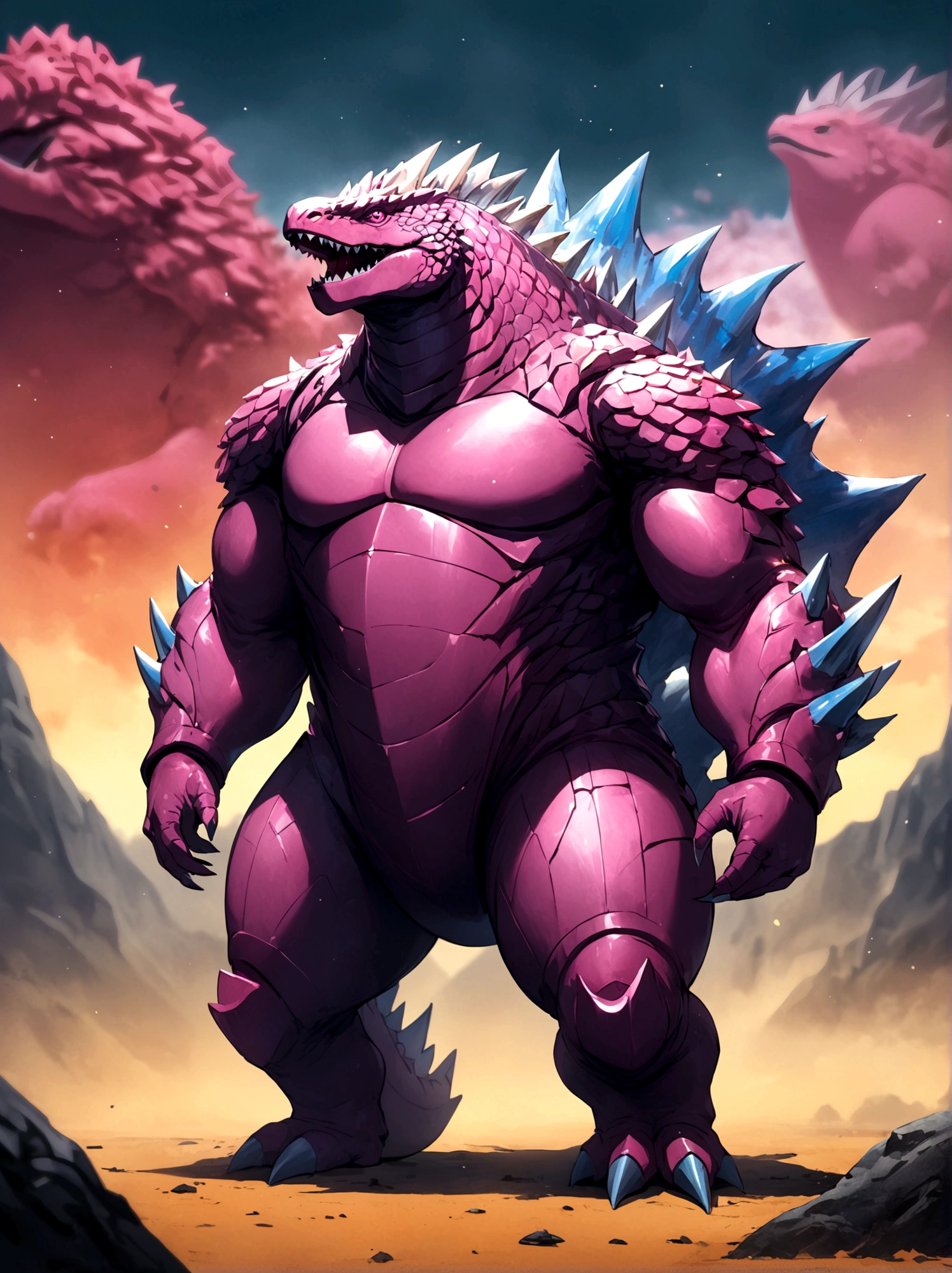 solo, full body, outdoors, blurry, no humans,pink godzilla