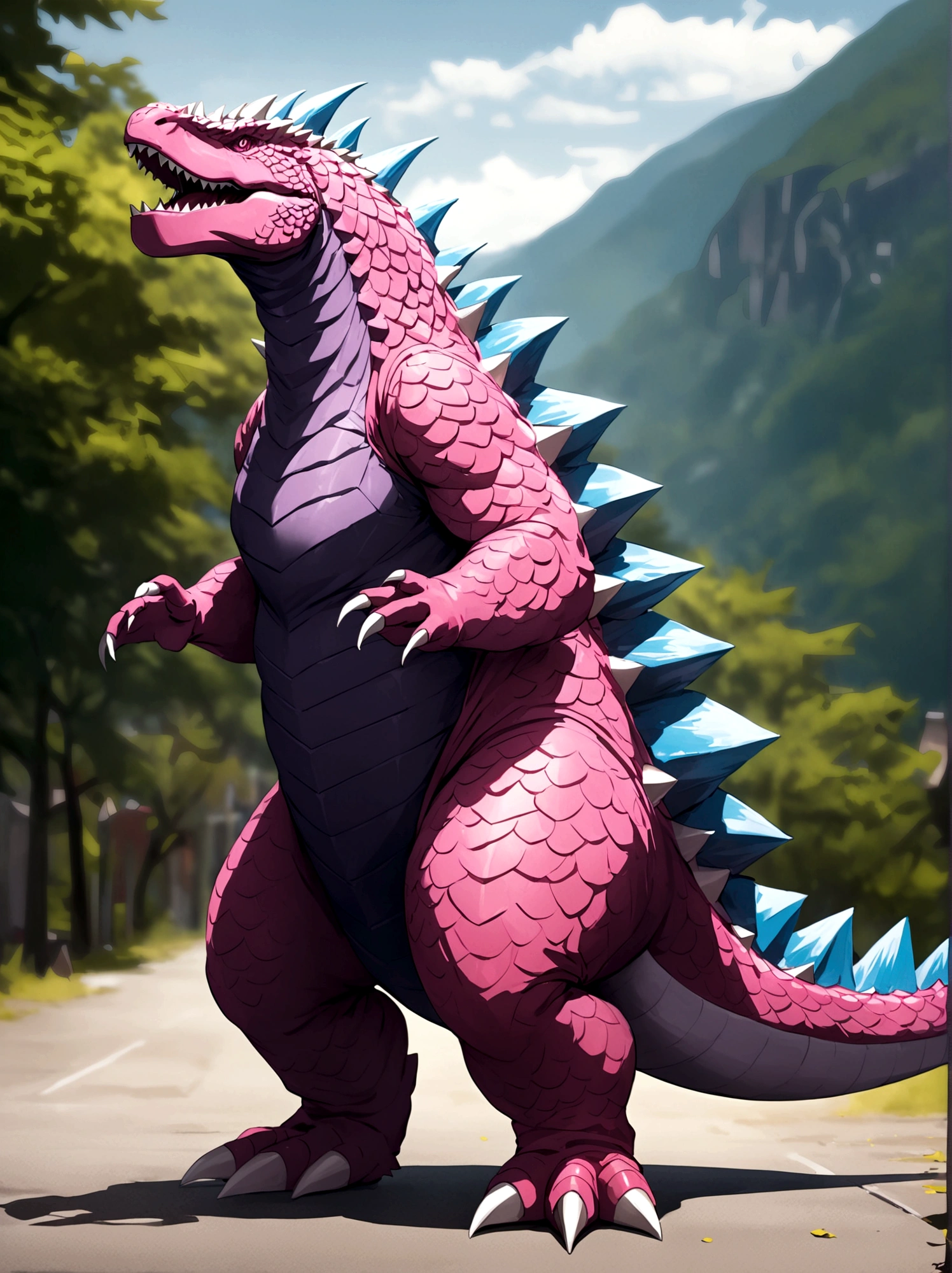 solo, full body, outdoors, blurry, no humans,pink godzilla