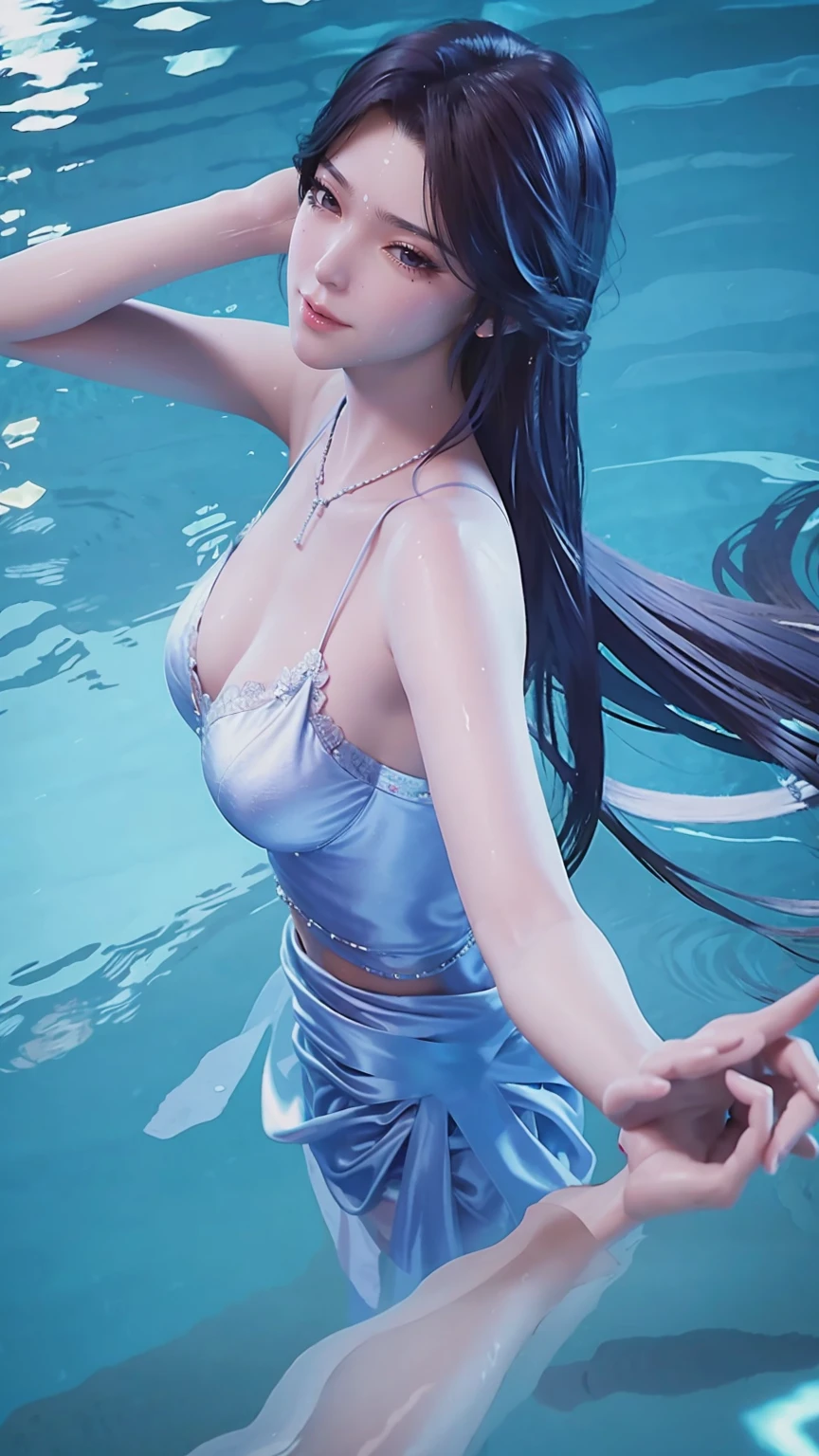 一个穿着连衣裙的女孩躺在Starry Sky下的床上,Exquisite smile,Beautiful and delicate eyes,Beautiful and delicate lips,Extremely detailed face and eyes,Long eyelashes,Full body,Flowing hair,belly button,best quality,excellent work,Super,(Reality:1.4),RAW photos,(Beautiful face:1.2),(Lying on the water:1.5),1 girl,(absurd),(8K), (4K),Octane Rendering,Starry Sky,((Full body view)),Wearing crystal barefoot,Cross-legged,Wet all over,Water Magic,Wet