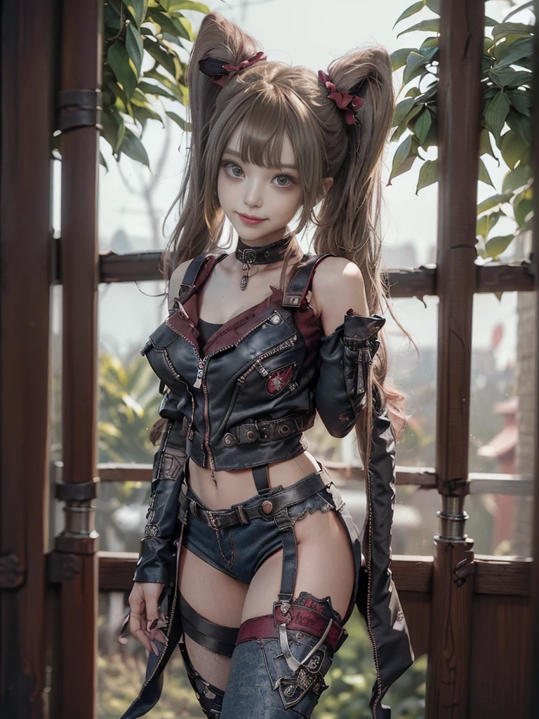 (Full body:1.4)、(Full Body View:1.4)、(Side view:1.1)、(Smiling with teeth showing:1.3),(Shibuya Gal:1.5)、(Beautiful:1.5)、(Punk RockVisual Kei:1.4)、(Burgundy denim with khaki and brown medieval tattered zip up:1.5)、(Wine red arm covers and tattered bugle pants:1.5)、(Wine red high heels:1.3)、(Wearing silver accessories:1.5)、(Dark brown collar:1.4)、(Leather garter belt:1.4)、(Red skin belt:1.3)、(Red lace underwear:1.5)、20-year-old、NSFW、((Highest quality、In 8K、masterpiece:1.3))、Sharp focus:1.2、(Layered Cut、Huge boobs:1.1),Beautiful woman with perfect figure:1.4、(Doing an aerobics pose:1.3)、Slender Abs:1.2、Highly detailed face and skin texture、Detailed eyes、double eyelid,(Twin tails:1.3)、(Brown-golden hair:1.3)、Gravure idol、(A fairytale-like cafe with a lush tree background:1.3)、(Slim body:1.3),(Make your legs thinner:1.4),(Thin, thin thighs:1.3)、（clavicle:1.1）