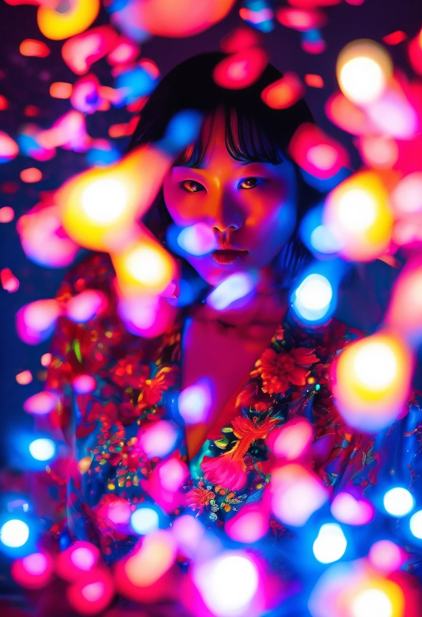 full-length shot a unique photography with light and painting. Using Fluorescent materials to form abstract patterns that are implemented on the one pretty japanese women with dynamic pose and floating hair in glass studio with colorful neon lighting. Firework prticles covering her, Bulb light technic background, Ultra highly detailed, realistic skin, shot by sony a9 with 35m lens f1.2, Realistic Portrait by Arnau Mas