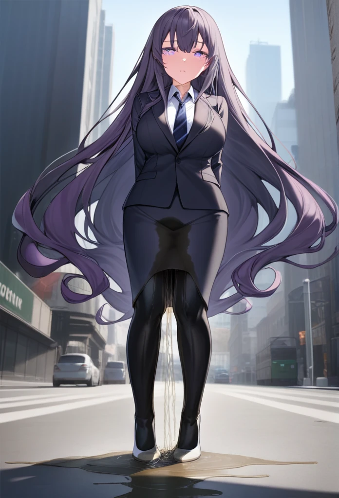 (masterpiece:1.37), best quality, (extremely detailed:1.37) woman, (adult:1.5), (very long hair:1.5), dark purple hair, purple eyes, (extremely detailed eyes:1.37), breasts, business suit, necktie, (very long pencil skirt:2.0), pantyhose, (wetting herself:2.0), arms behind back, standing straight, full body day, daytime, glow, facing viewer, perfect composition, full body, city, street