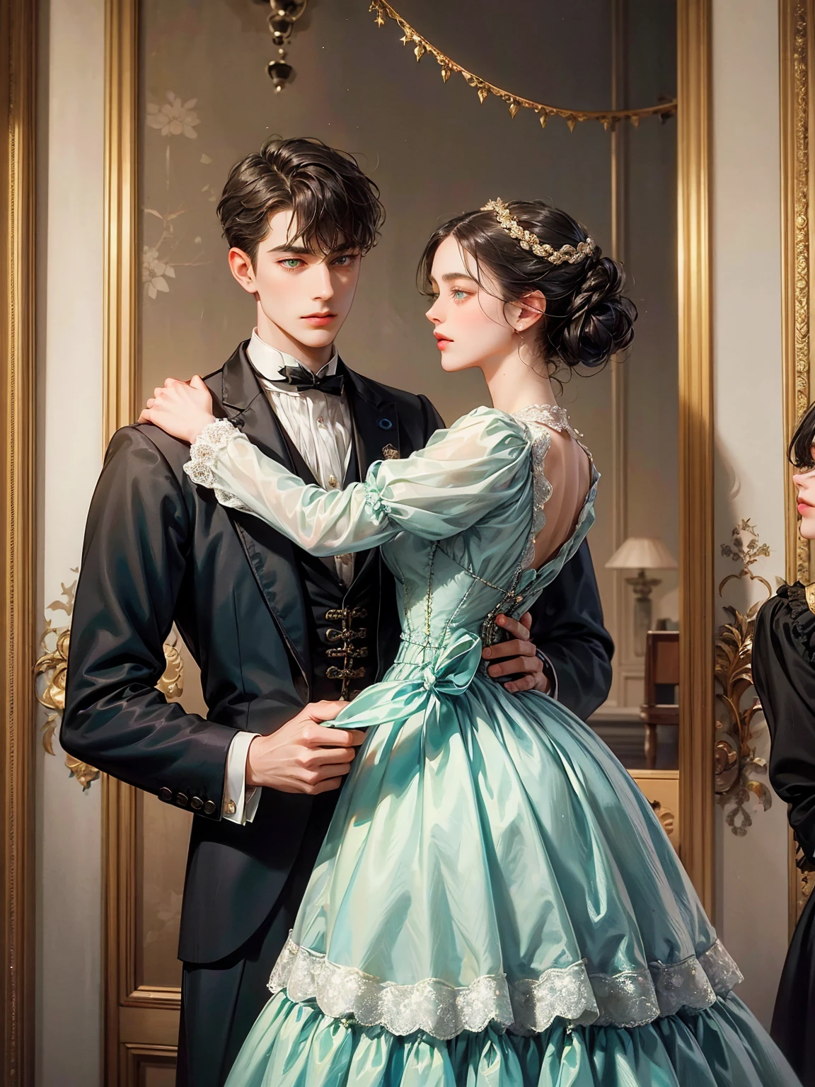Couple, 1 girl 1 boy. Different hair color, chignon black hair with bangs and green eyes, Victorian era unglued dress , short bonde hair, wavy hair and (sky blu eyes) , male Victorian era dress. They look at the viewers, height different, detailed face, detailed hands. Background inside of a hall