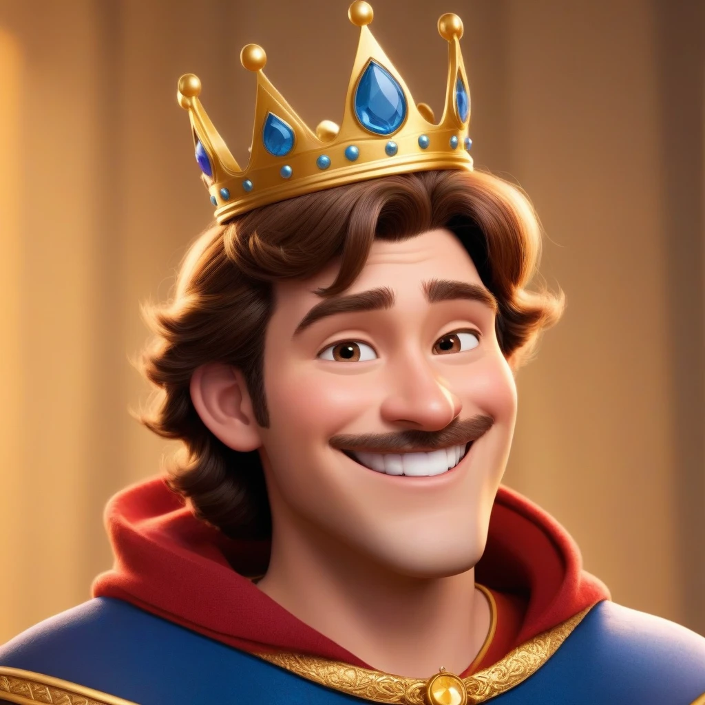 The character is a king, вдохновленный Disney Pixar, He wears a crown, smiling, ,