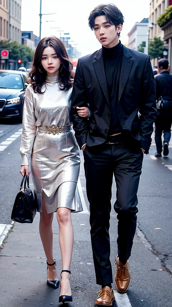 (high quality) woman with dark skin, beautiful, with curly hair, tall, medium hair, next to Jungkook from BTS Couple , On a street, (high quality high )