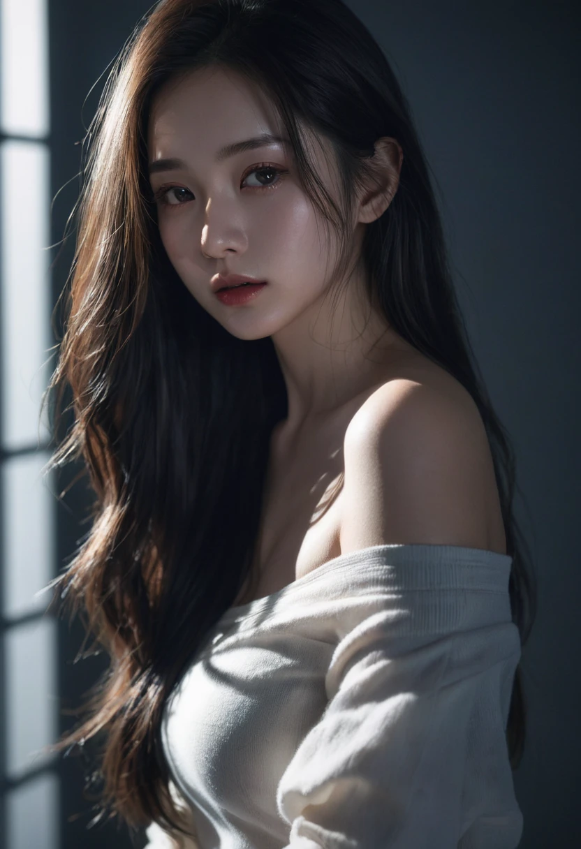 best quality, masterpiece, Ultra-high resolution, (Realistic:1.5), original photo, 1 girl, Off-shoulder, in the darkness, Deep shadows, Low profile, Cold Light, sexy look, long hair,Mix Girl,Yinglaite, Half-length photo,NSFW