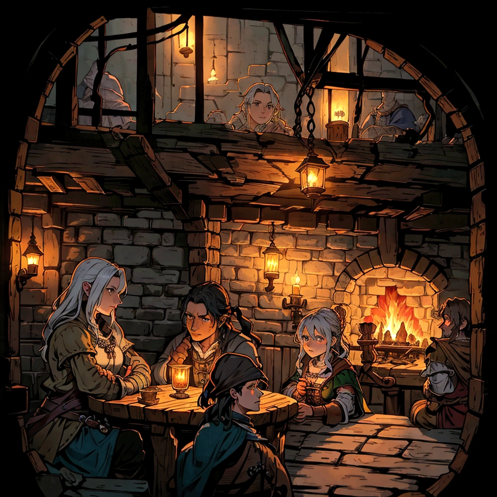 there are people sitting at a table in a tavern with a fire, dimly-lit cozy tavern, a multidimensional cozy tavern, fantasy tavern background, inside a tavern, in fantasy tavern near fireplace, dimly lit cozy tavern, taverns nighttime lifestyle, tavern background, in a medieval tavern at night, medieval tavern, medieval d&d mood, pirates in a tavern