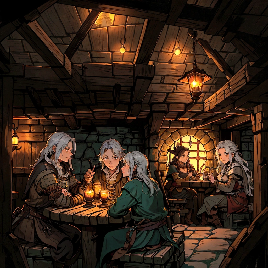 there are people sitting at a table in a tavern with a fire, dimly-lit cozy tavern, a multidimensional cozy tavern, fantasy tavern background, inside a tavern, in fantasy tavern near fireplace, dimly lit cozy tavern, taverns nighttime lifestyle, tavern background, in a medieval tavern at night, medieval tavern, medieval d&d mood, pirates in a tavern
