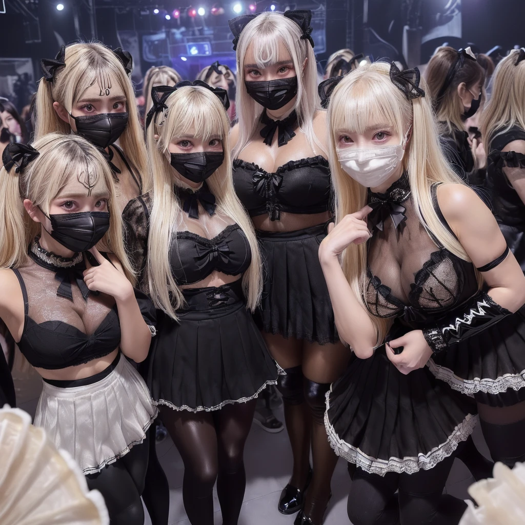 8K resolution, surreal, Super detailed, high quality, perfect anatomy, perfect proportion,
((((((A group photo of home party at midnight, women only, most crowded indoor festival at night club, 4 girls, group photo)))))),
(((((black clothes, jirai fashion, with many frills, Lace, pleated skirt, mini skirt, bow ribbon))))),
((grin, smile, happy)), ((((wearing black face mask)))),
((((bright bleached hair, detailed hair))))+, (((super large breasts))), posing,
(((shiny detailed oiled porcelain skin))),
(((black see-through tights))), looking at viewer, full body