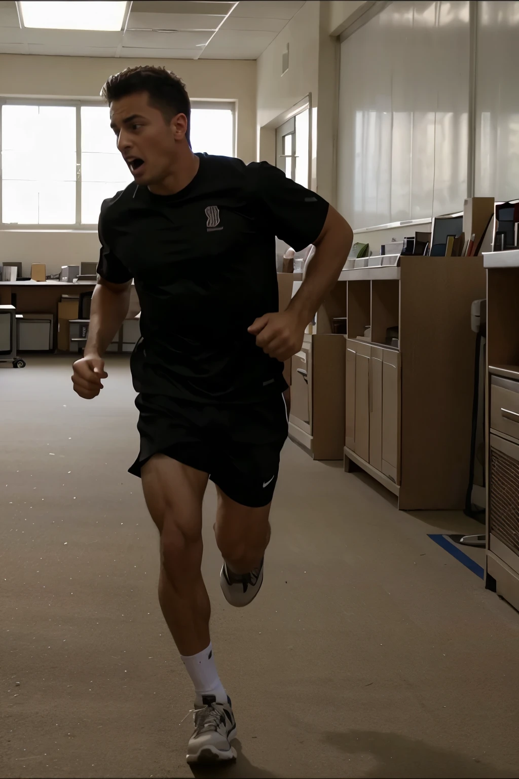 A video of a man running in fear to a school
