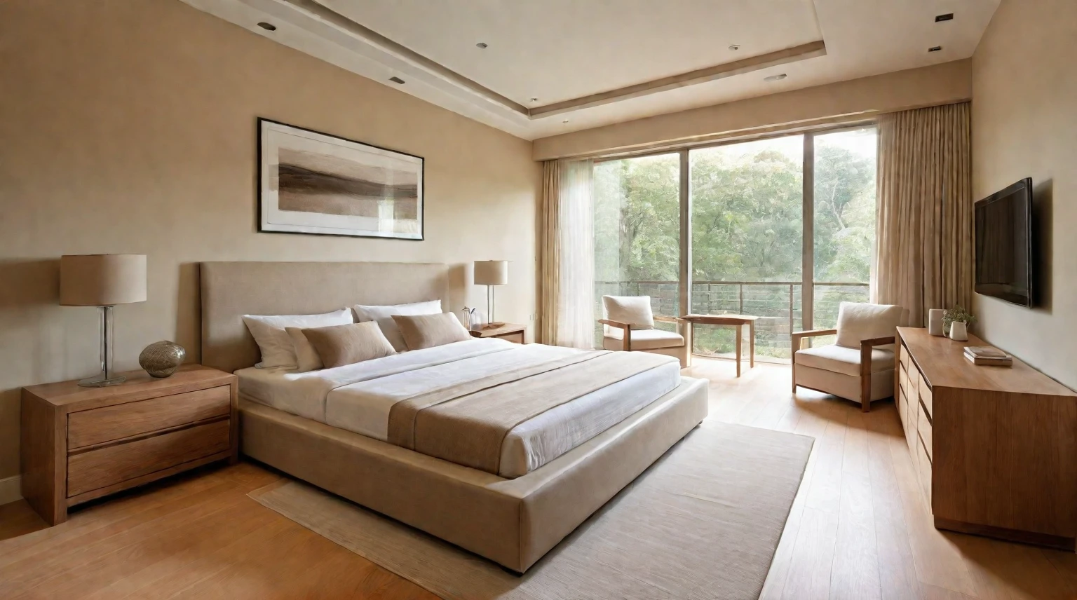 Minimalist bedroom, beige walls, light brown furniture, clean lines, uncluttered layout, beige linens, light brown accents, natural light, large windows, light brown wood floor, serene ambiance, realistic, high quality, masterpiece