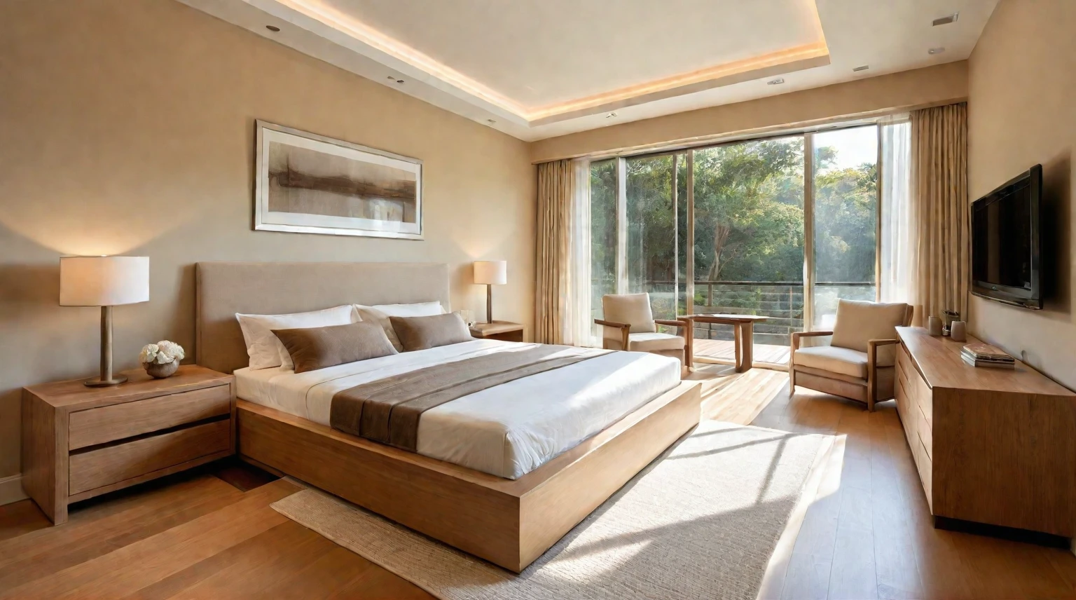 Minimalist bedroom, beige walls, light brown furniture, clean lines, uncluttered layout, beige linens, light brown accents, natural light, large windows, light brown wood floor, serene ambiance, realistic, high quality, masterpiece